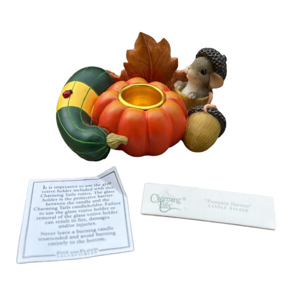 Charming Tails by Fitz and Floyd 2000 "Pumpkin Harvest" Candle Holder - Picture 5 of 7
